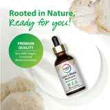 Lion's Mane Mushroom Liquid bottle with icons indicating Non-GMO, Vegan, Gluten Free, Premium Quality, Functional Mushroom Extract.