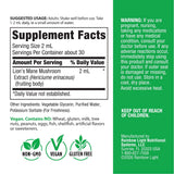 Supplement Facts panel for Lion's Mane Mushroom Liquid, 2 fluid ounces.