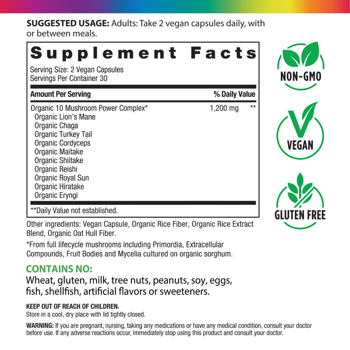 Supplement facts panel for RL Mushroom Complex 60 Veg Caplets product.