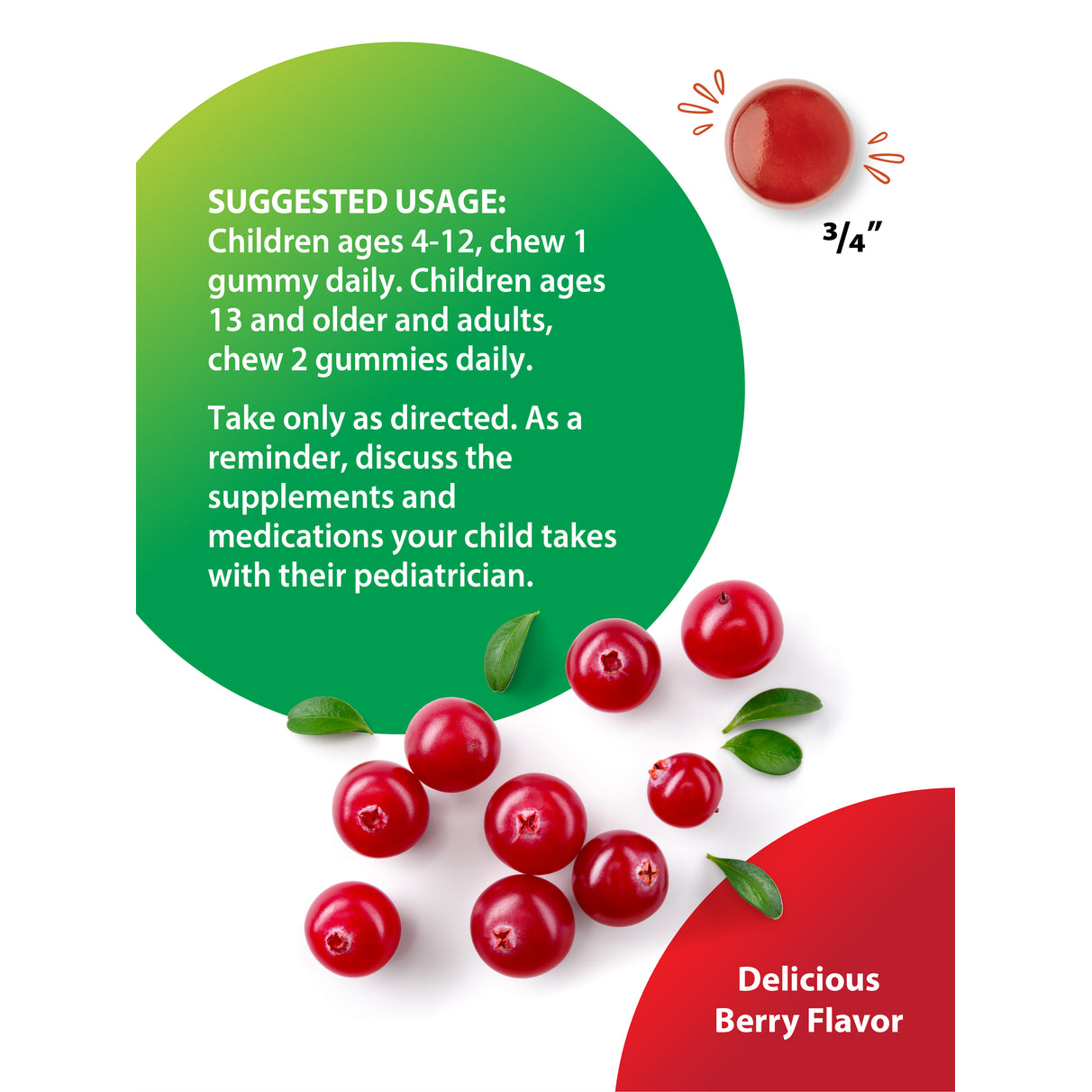 RL Probiolicious Gummies, berry flavor, showing one 3/4 inch gummy, cranberries, and usage instructions for children and adults.
