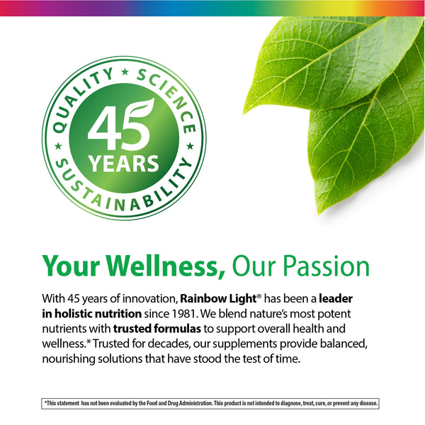 Infographic showing Rainbow Light's commitment to quality, science, and sustainability over 45 years in holistic nutrition since 1981.