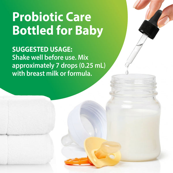 Product highlights graphic stating Probiotic Care Bottled for Baby, suggested use: 7 drops (0.25 mL) with breast milk or formula.