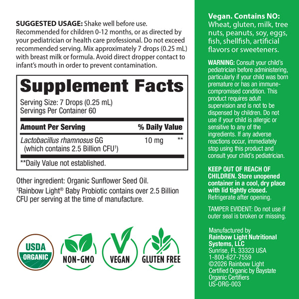 Supplement Facts panel for RL Baby Probiotic 15 mL, detailing nutritional information and ingredients in clear, readable format.