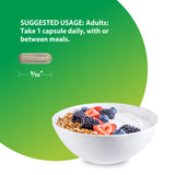 A 9/10’ long capsule with usage suggestion: 'Adults: Take 1 capsule daily, with or between meals.'