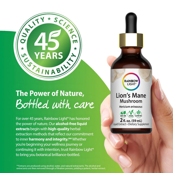 Rainbow Light Lion's Mane Mushroom Liquid Extract, 2 fl. oz., NON-GMO, Vegan, and Gluten Free.