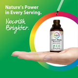 A hand holds a bottle of Lion's Mane Mushroom Liquid with a dropper releasing drops.