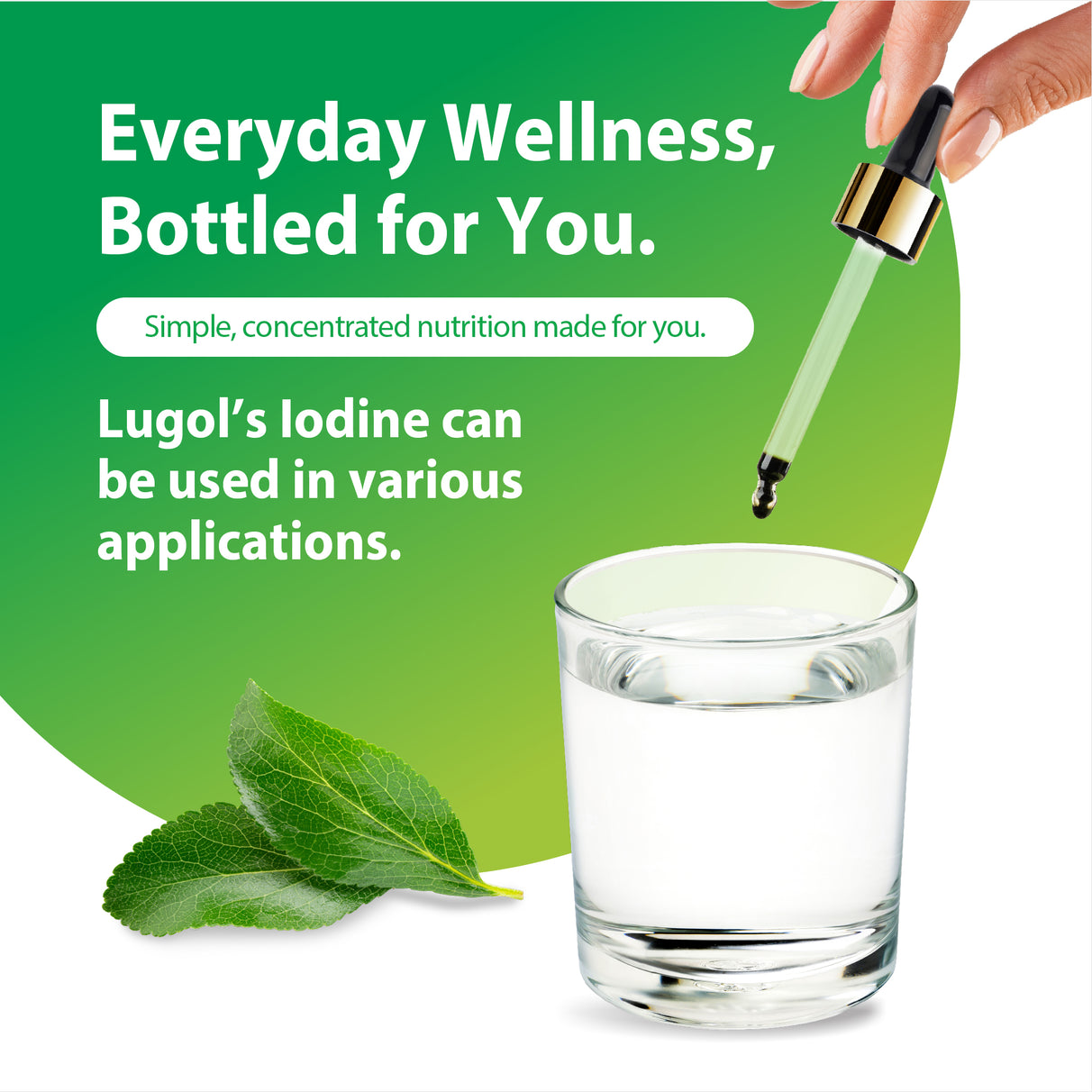 Graphic: 'Everyday Wellness, Bottled for You.' 'Simple, concentrated nutrition made for you.' Hand adds Lugol's Iodine from dropper to water.