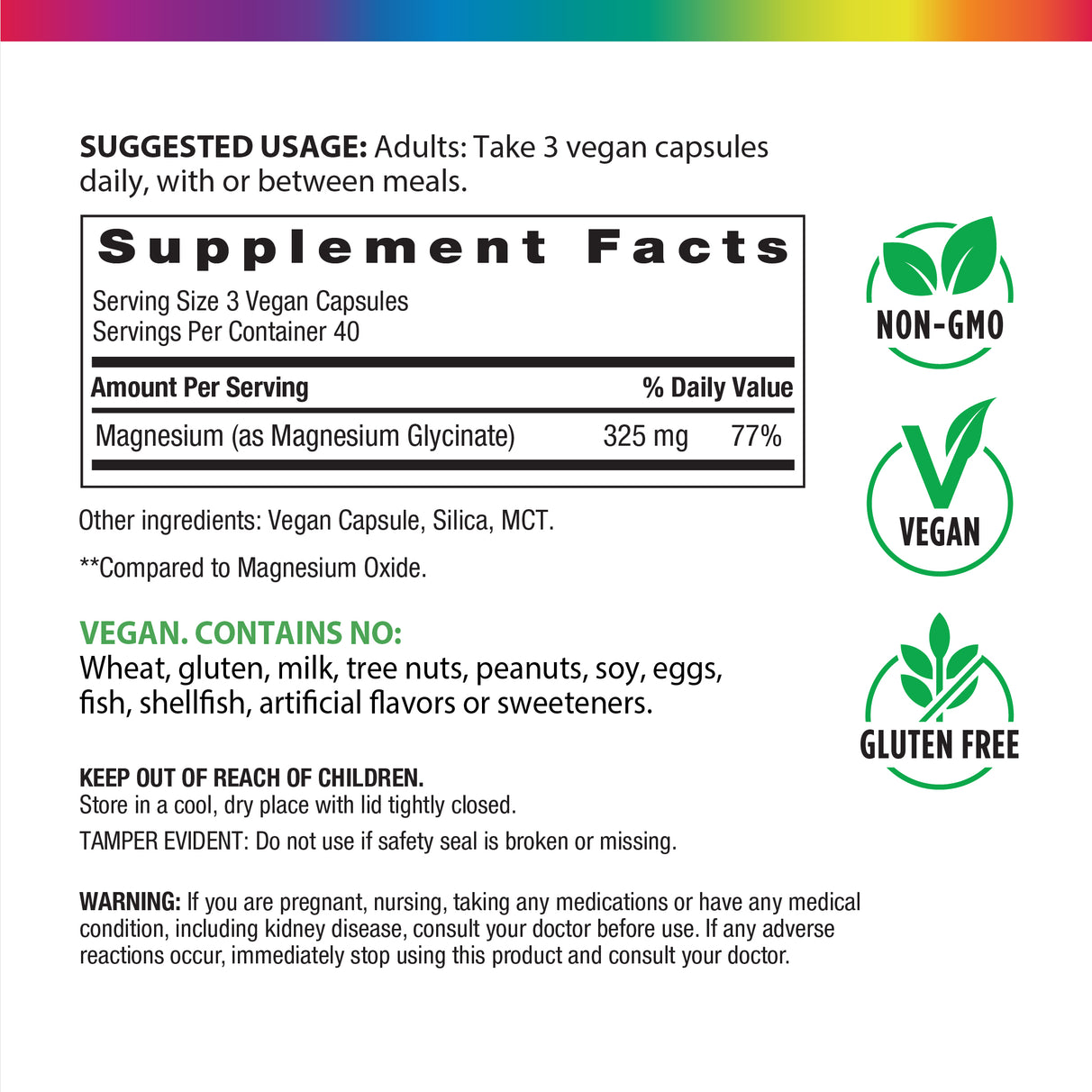 Supplement Facts panel for Magnesium Glycinate 325 mg, 120 veggie capsules.