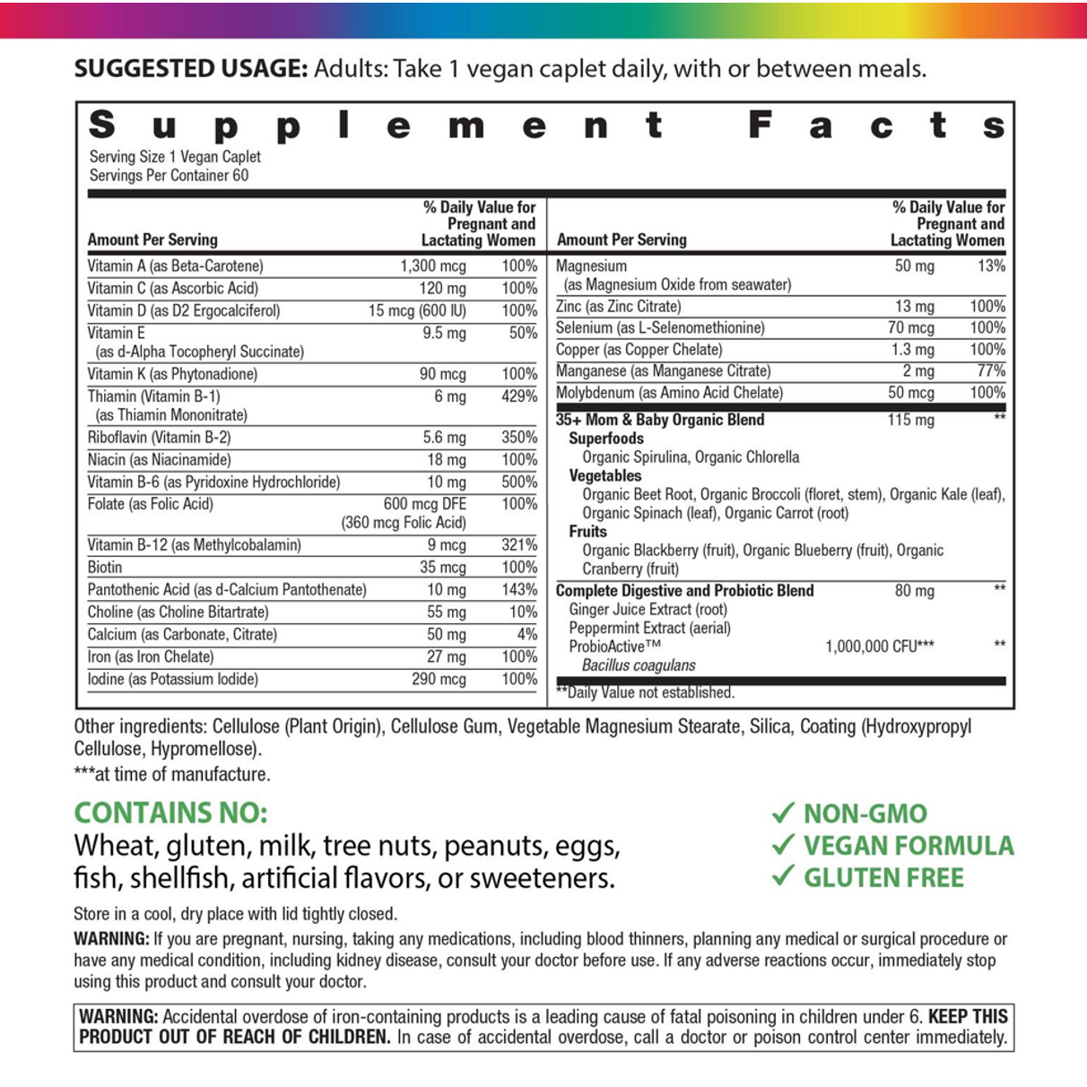 Supplement Facts label for 35+ Mom And Baby Pre & Postnatal Care product providing nutritional details.