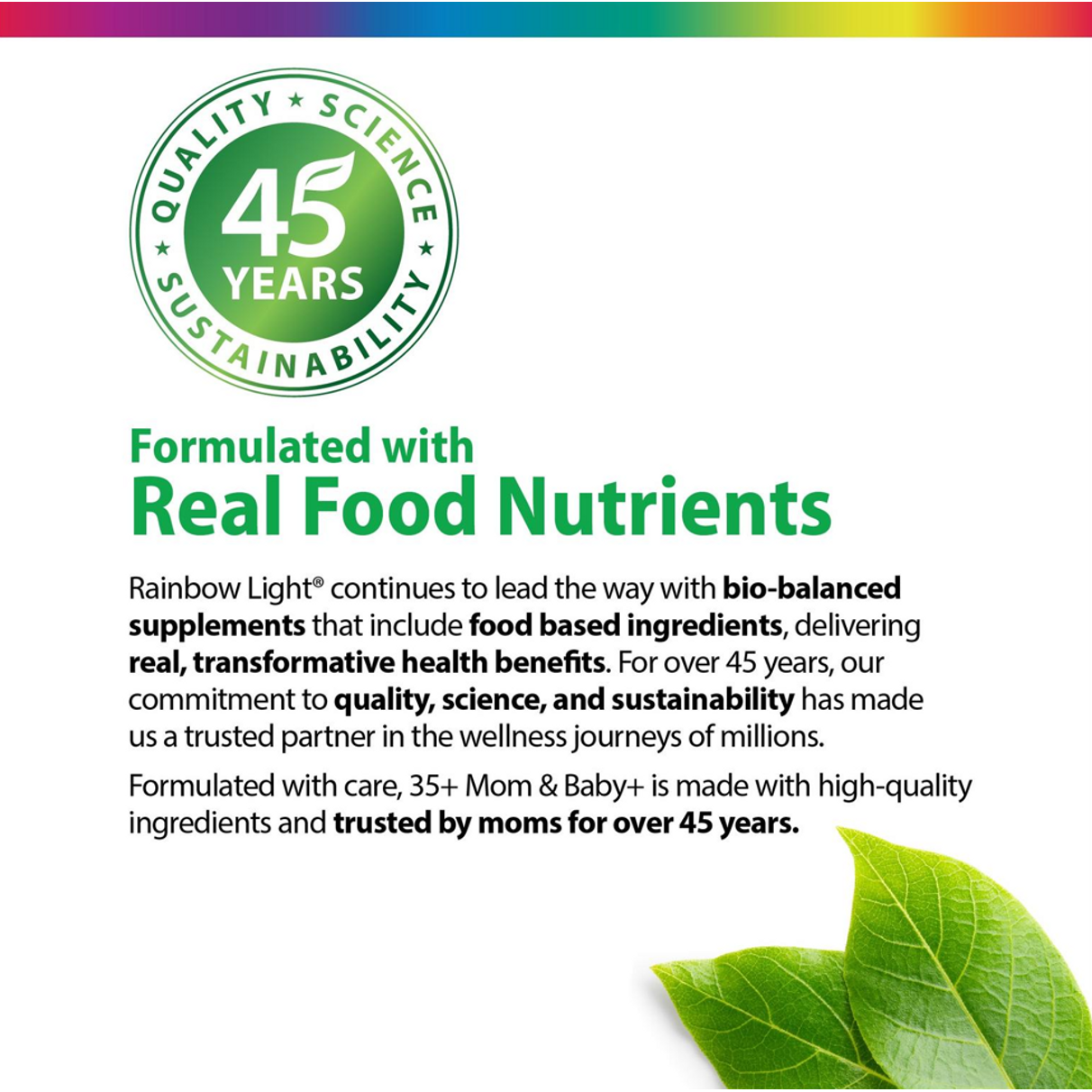 Infographic: Quality, Science, 45 Years, Sustainability, Formulated with Real Food Nutrients, Trusted by moms for over 45 years.